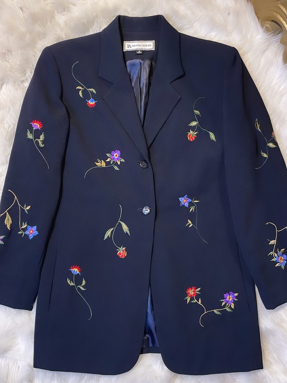 Travis Ayers Navy Blazer with Multicolor Floral Embroidery